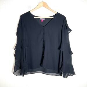 Vince Camuto black chiffon button-down 3/4 sleeve blouse top shirt medium M B126
